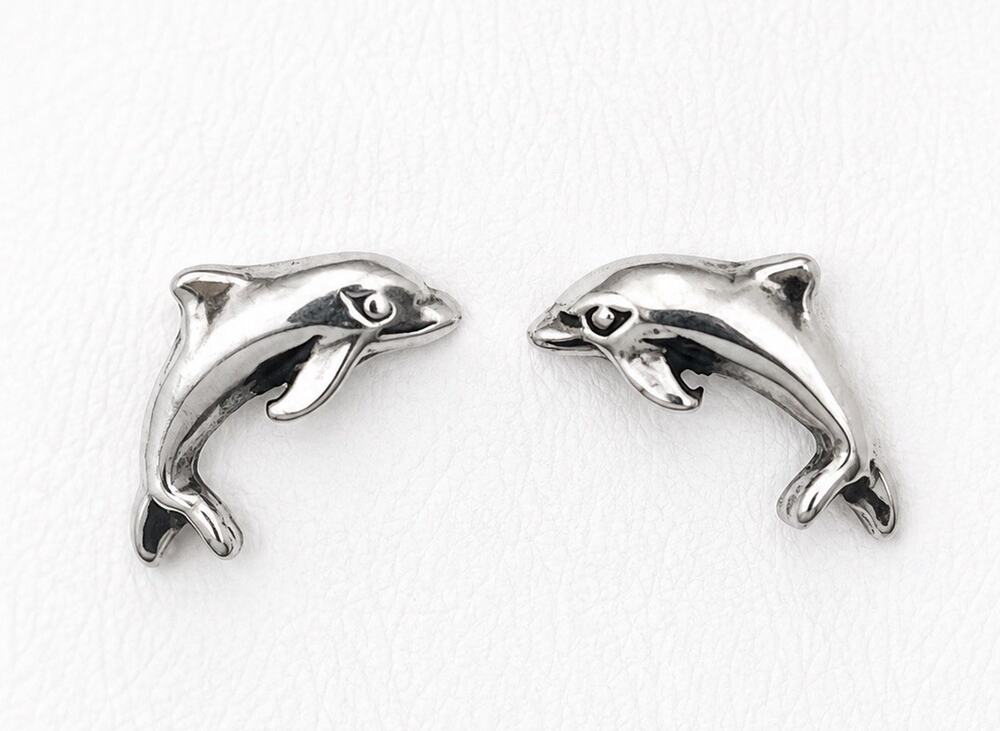 Vintage Sterling Silver Dolphin Stud Earrings Signed Kabana KBM Marine Animal